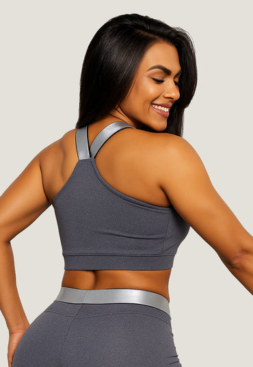 Top Cropped Fitness Alça de Elástico Cinza