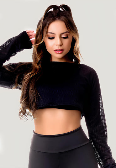 Top Cropped Manga Longa Tela Dry Fit – Preto