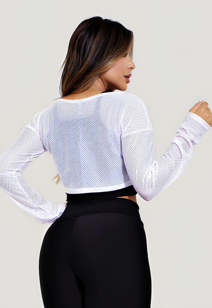 Top Cropped Manga Longa Tela Dry Fit – Branco