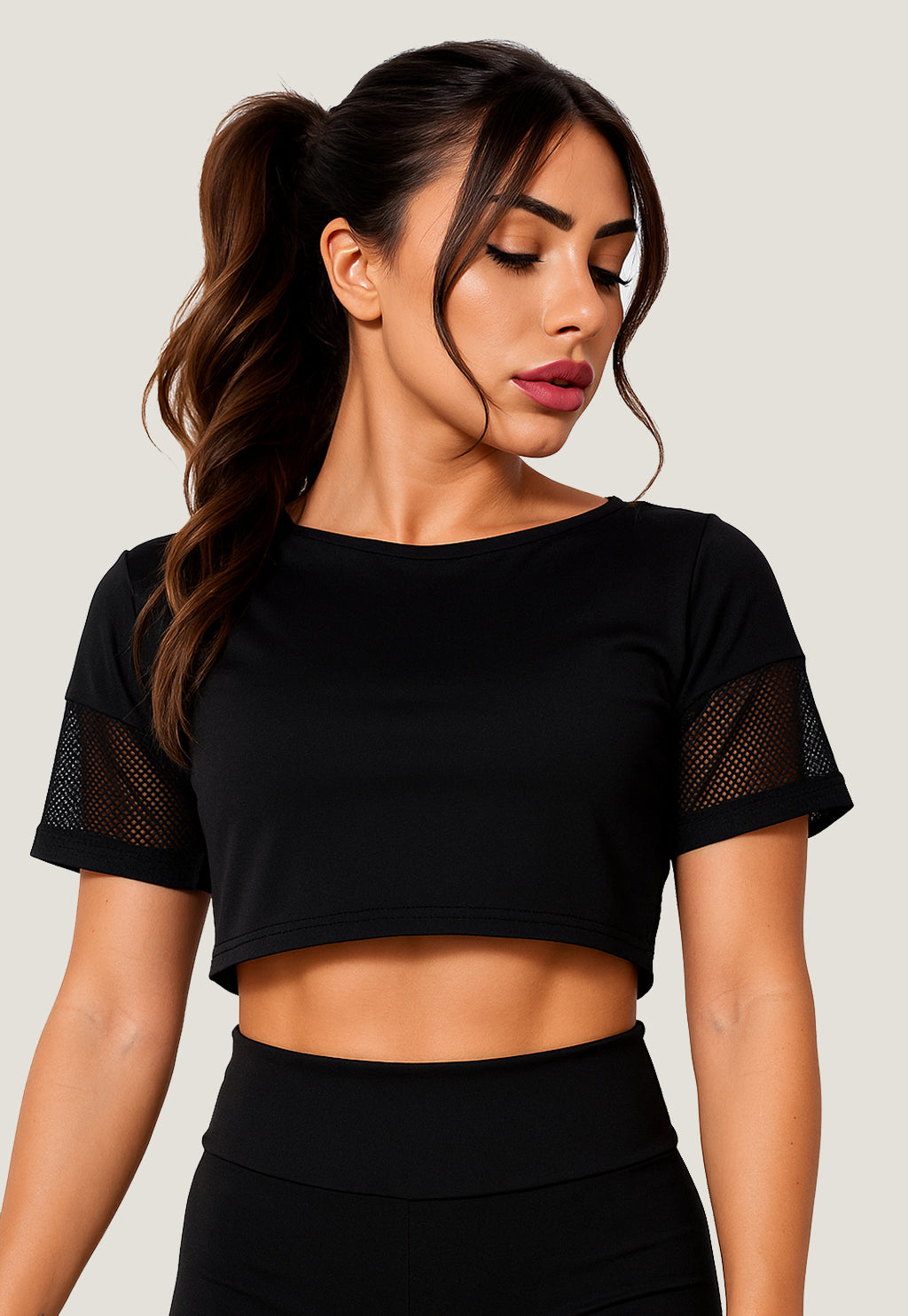 Cropped Fitness Ombro de Tela Preto