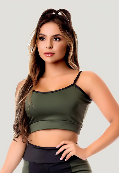 Top Cropped Fitness Viés Preto - Verde Militar