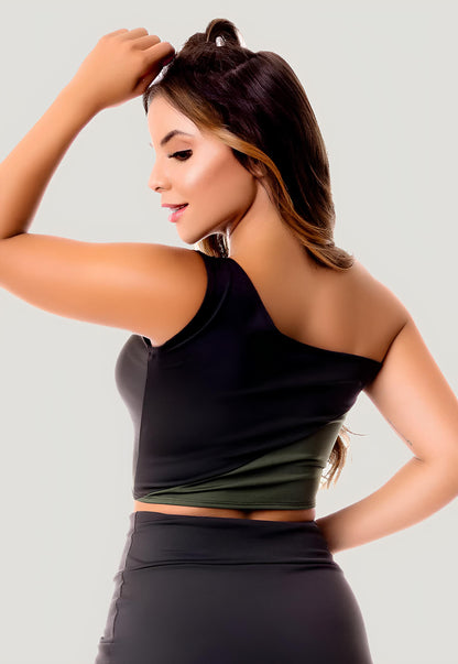 Top Cropped Fitness Um Ombro - Verde com Preto